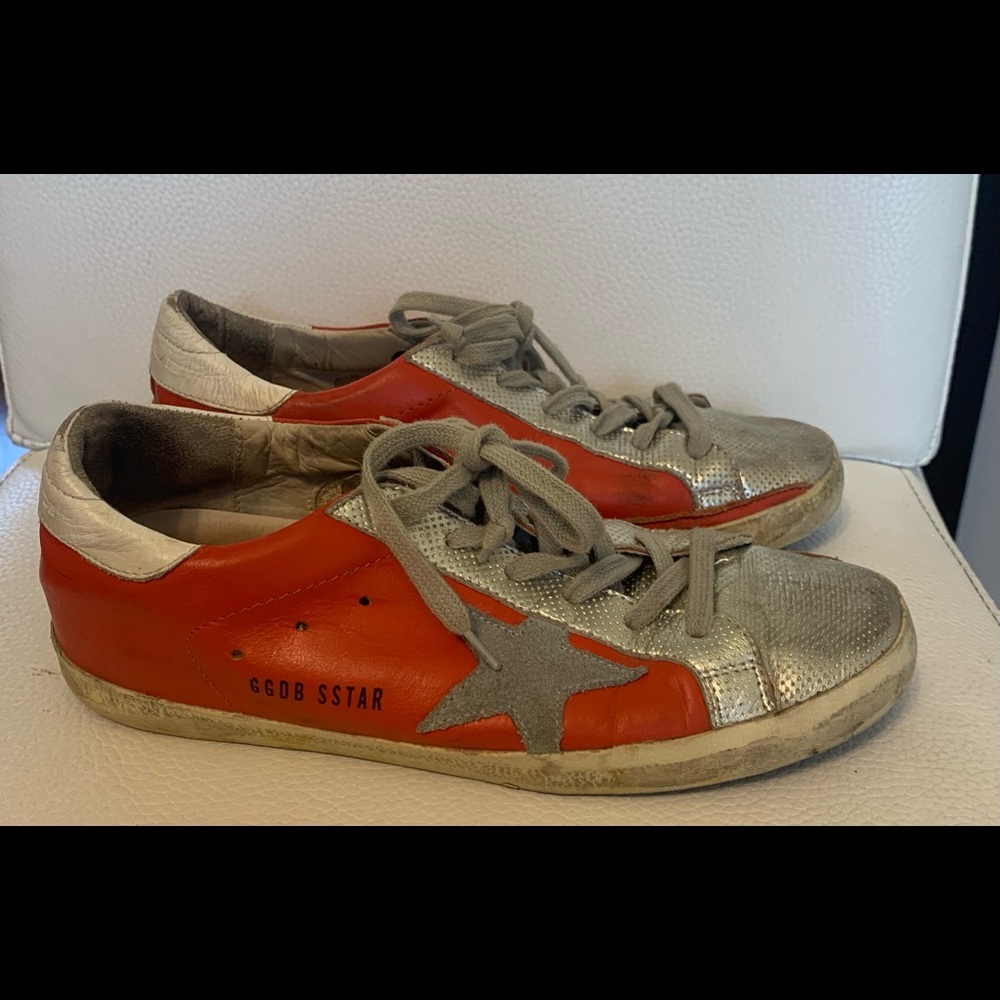 Golden Goose Women's Red Super Star Metallic Distressed Leather Sneakers